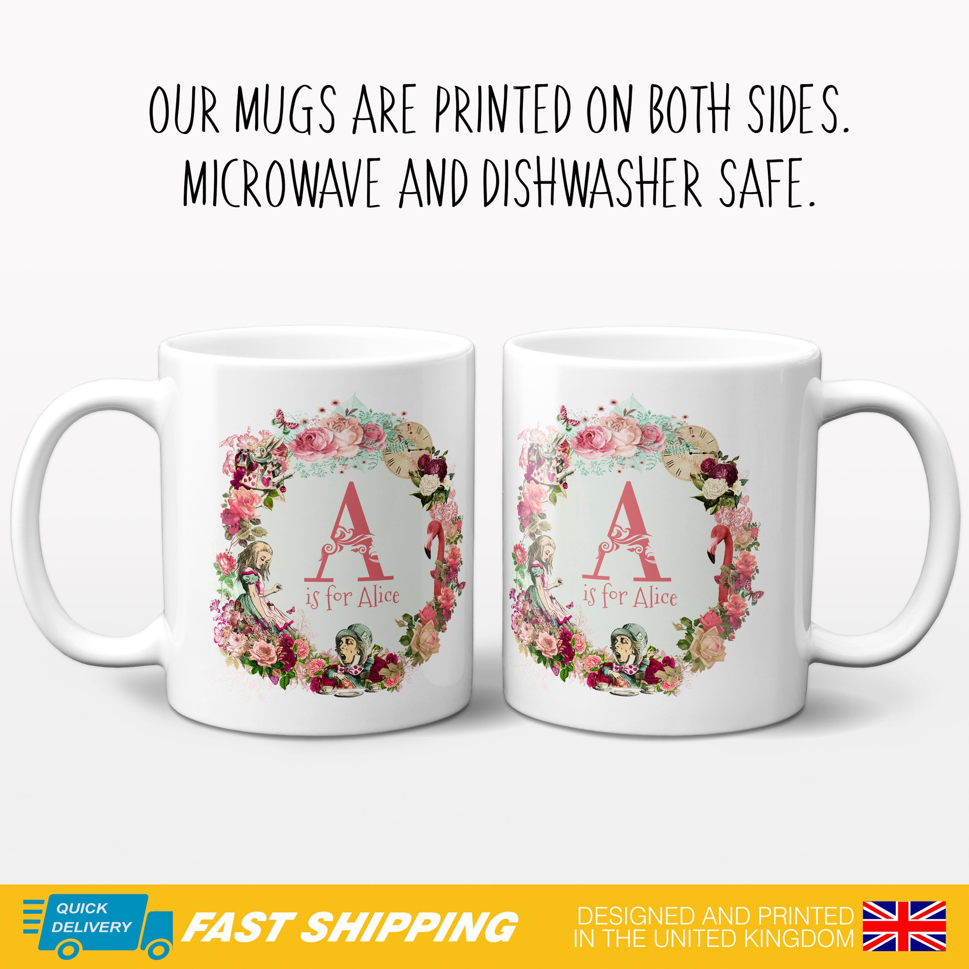 Personalised Alice in Wonderland Mug gift Depicting a montage of a floral arrangement of flowers and a selection of characters from Alice in Wonderland Story with personalised monogram initial in the centre showing 2 mugs with front and back artwork