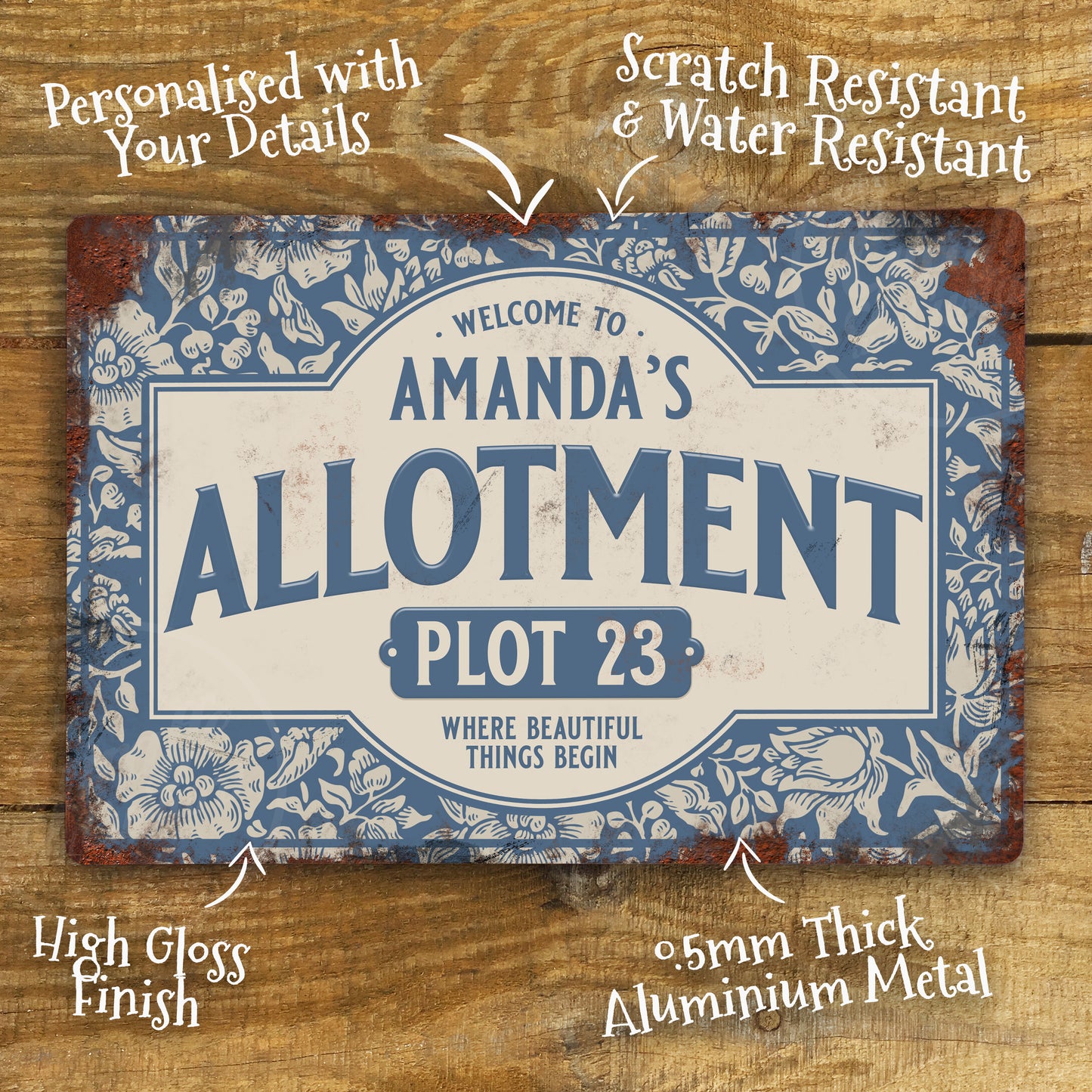 Personalised Allotment Sign Garden Vegetable Patch Metal Door Wall Sign Vintage 200x305mm - Blue