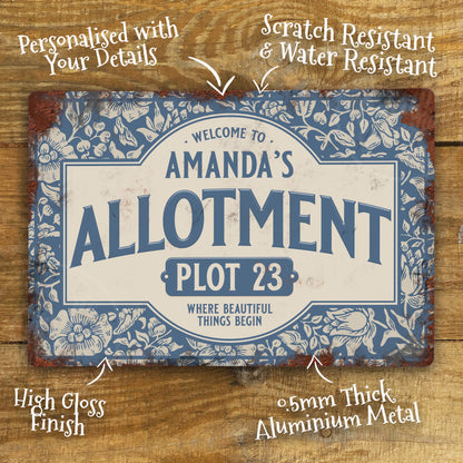 Personalised Allotment Sign Garden Vegetable Patch Metal Door Wall Sign Vintage 200x305mm - Blue