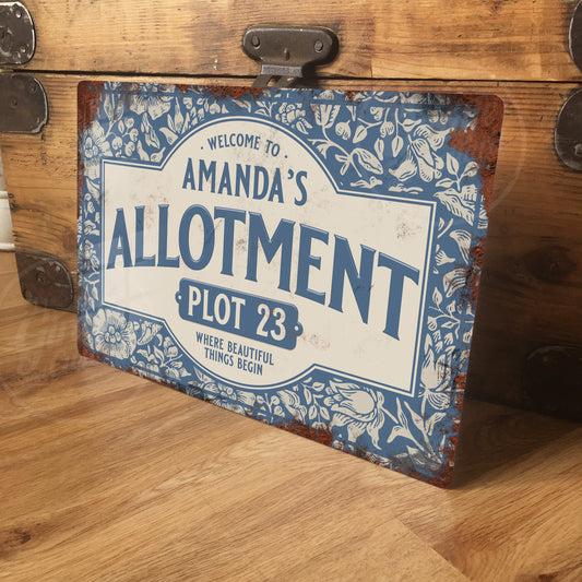 Personalised Allotment Sign Garden Vegetable Patch Metal Door Wall Sign Vintage 200x305mm - Blue