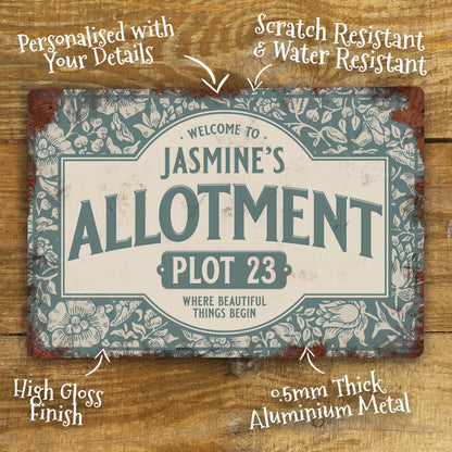 Personalised Allotment Sign Garden Vegetable Patch Metal Door Wall Sign Vintage 200x305mm - Green