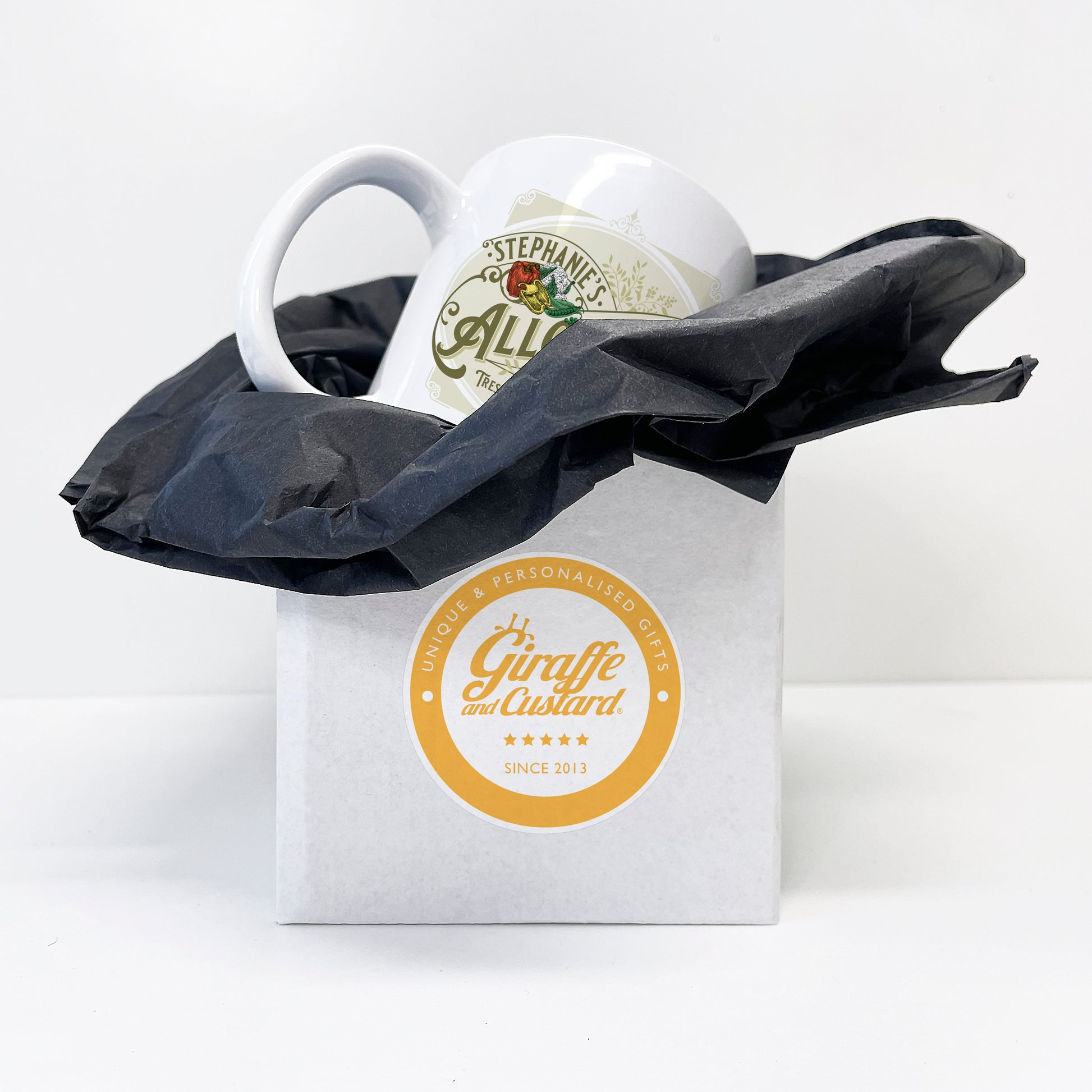 Personalised Allotment Vintage Gardener Ceramic Mug Gift 11oz showing mug packaging