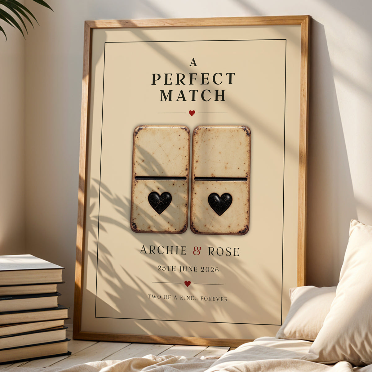 Personalised Perfect Match vintage domino wedding print with couple names, wedding date and heart details