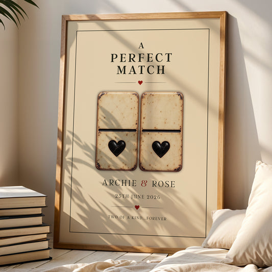 Personalised Perfect Match vintage domino wedding print with couple names, wedding date and heart details