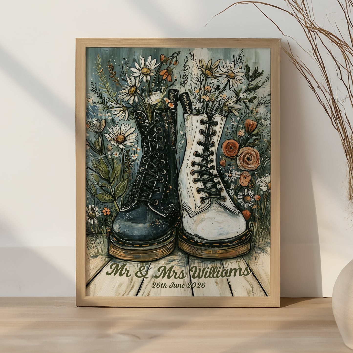 Personalised Wedding Print, Gothic, Indie Boots Couple Art, Alternative Wedding Gift, Custom Newlywed Print, Anniversary Gift A4 A3 A2 A1