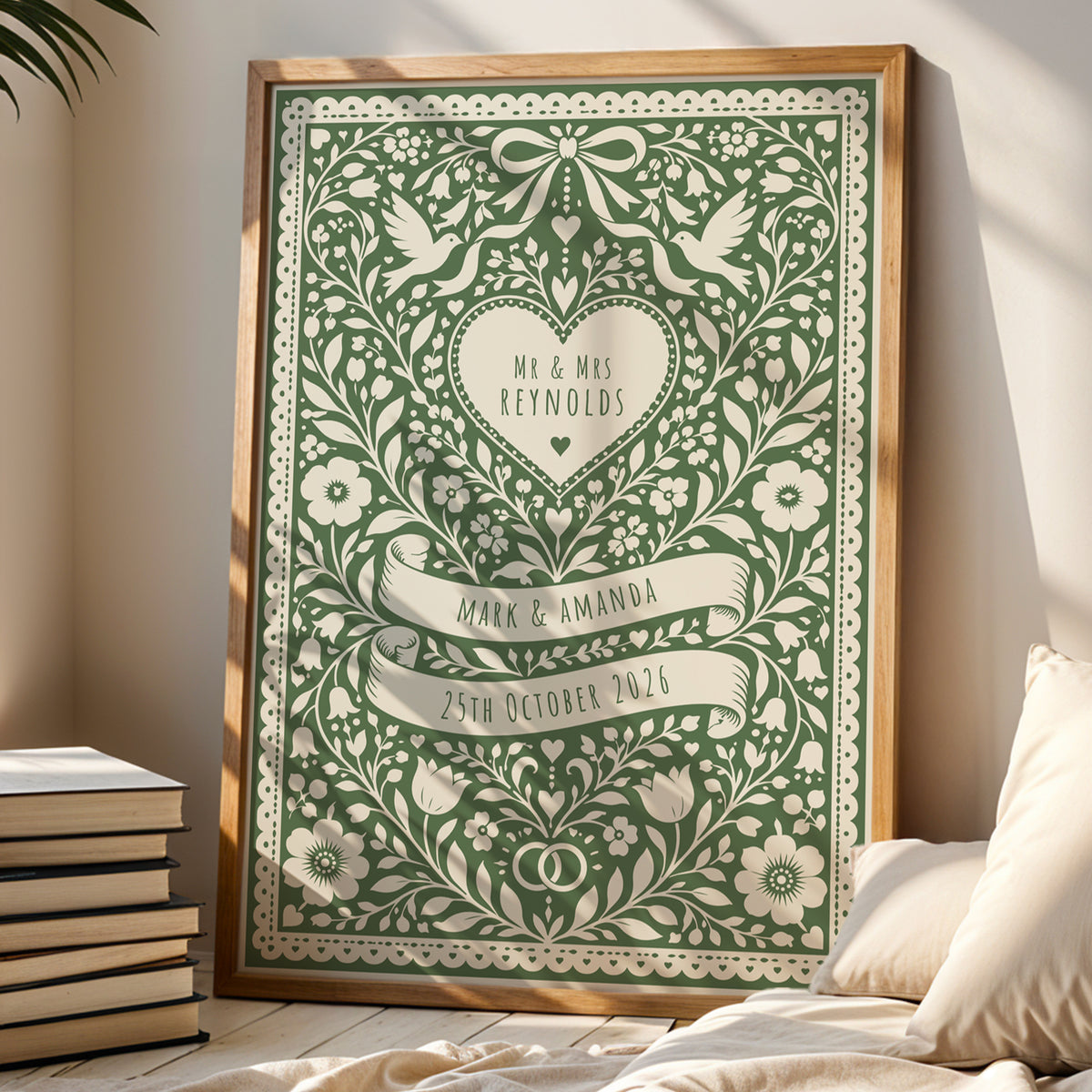 Personalised Folk Art Wedding Print – Custom Couple & Wedding Date Wall Art