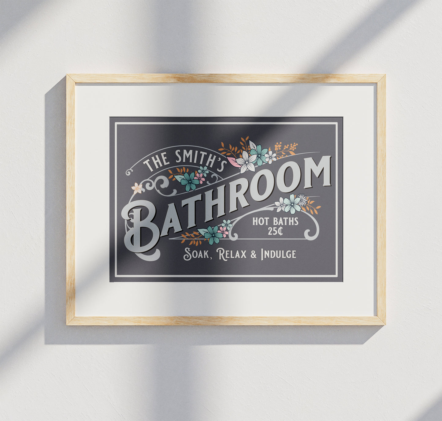 Personalised Vintage Style Bathroom Wall Art Poster Print Pine Frame