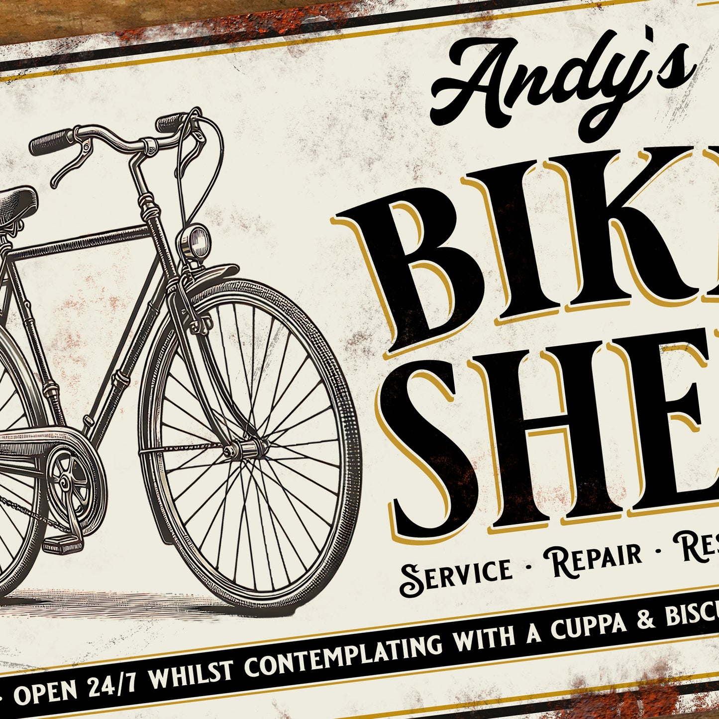 Personalised Vintage Bike Shed Sign Custom Bicycle Workshop Metal Sign 200mm x 305mm