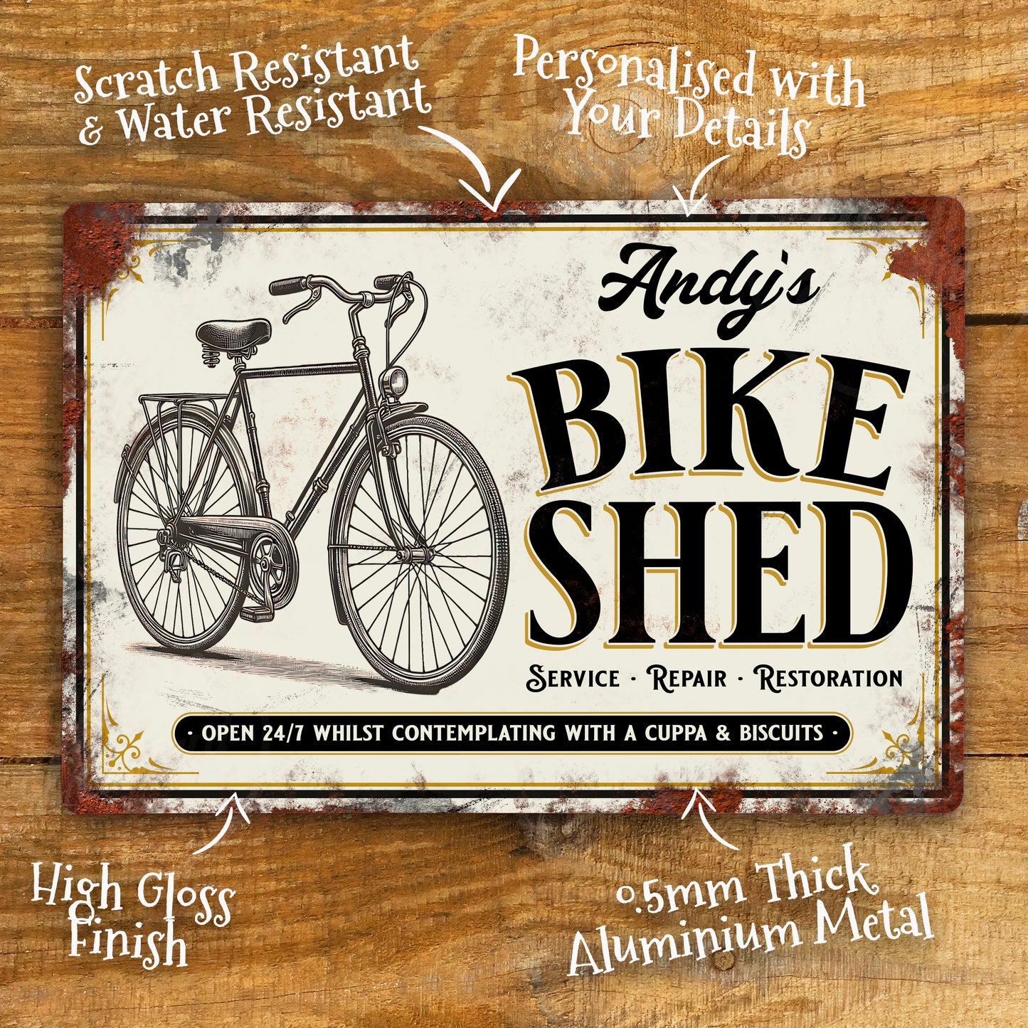 Personalised Vintage Bike Shed Sign Custom Bicycle Workshop Metal Sign 200mm x 305mm