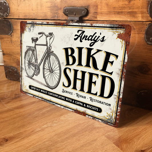 Personalised Vintage Bike Shed Sign Custom Bicycle Workshop Metal Sign 200mm x 305mm