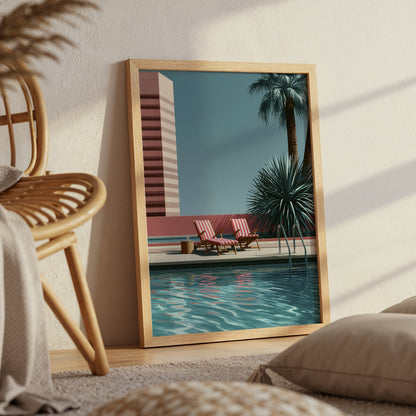 Retro Poolside Wall Art Print, Mid Century Swimming Pool Poster, Palm Tree Art, Summer Holiday Decor, Colourful Pool Print A4 A3 A2 A1 DH02
