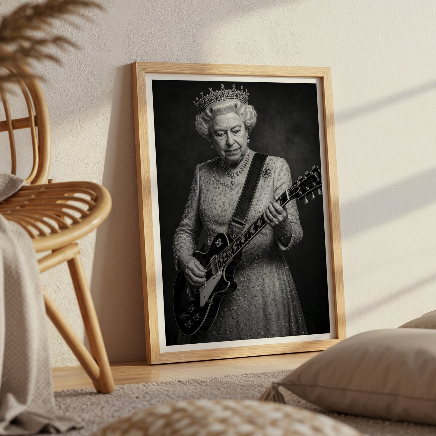Queen Elizabeth II Guitar Print, Royal Rock Wall Art, British Music Poster, Black and White Queen Portrait, Alternative Royal Art