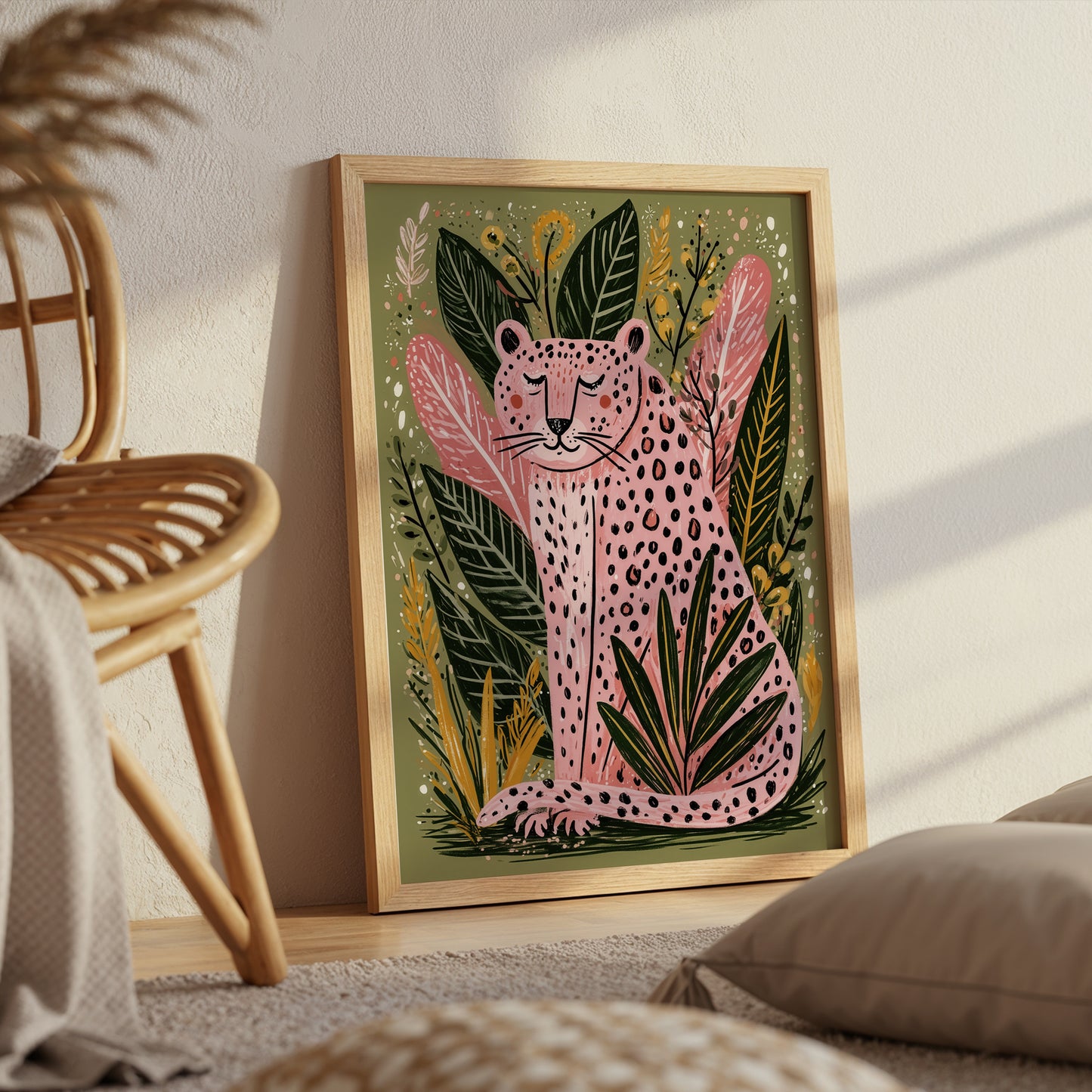 Pink Leopard Wall Art Print, Boho Jungle Animal Poster, Folk Art Botanical Decor, Maximalist Leopard Print, A4 A3 A2 A1