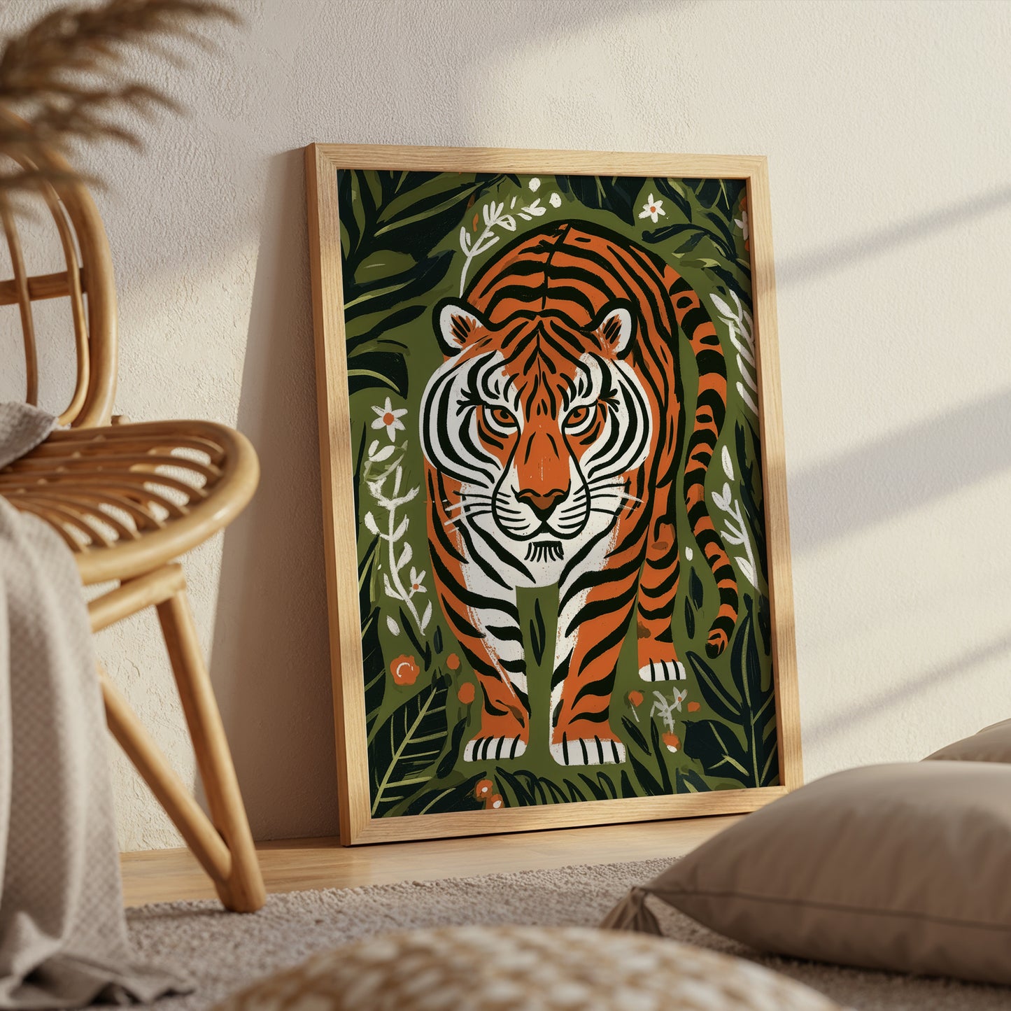 Tiger Wall Art Print, Jungle Animal Poster, Botanical Tiger Art, Folk Art Wildlife Decor, Maximalist Print, A4 A3 A2 A1