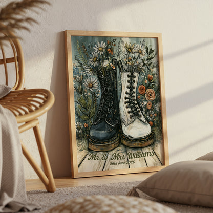 Personalised Wedding Print, Gothic, Indie Boots Couple Art, Alternative Wedding Gift, Custom Newlywed Print, Anniversary Gift A4 A3 A2 A1
