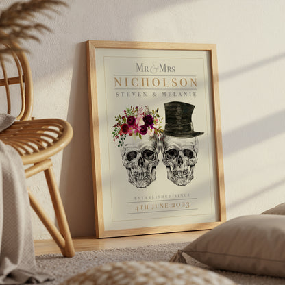 Personalised Skull Couple Wedding Print – Alternative Gothic Wall Art