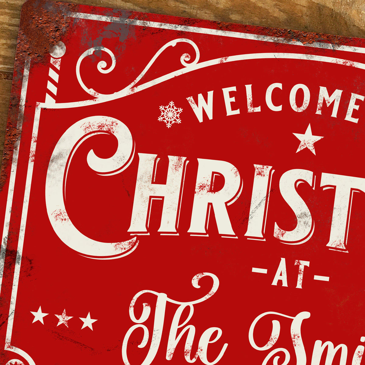 Personalised Christmas Metal Sign – Welcome to Christmas at the Family Name, Vintage Festive Aluminium Wall Sign