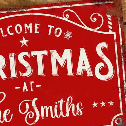 Personalised Christmas Metal Sign – Welcome to Christmas at the Family Name, Vintage Festive Aluminium Wall Sign