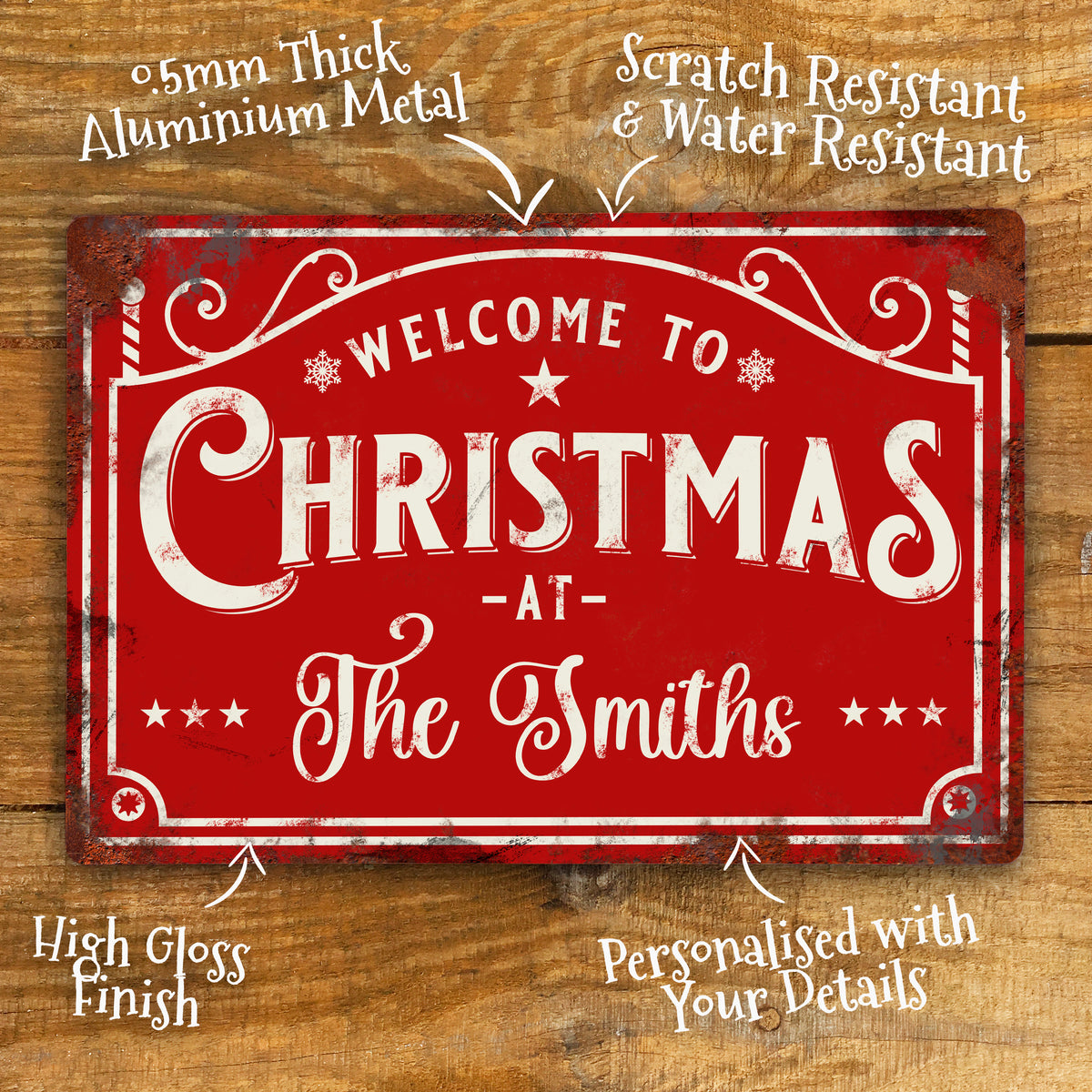 Personalised Christmas Metal Sign – Welcome to Christmas at the Family Name, Vintage Festive Aluminium Wall Sign