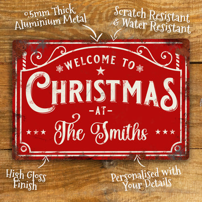 Personalised Christmas Metal Sign – Welcome to Christmas at the Family Name, Vintage Festive Aluminium Wall Sign