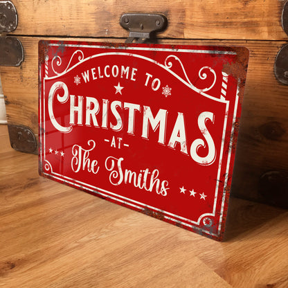 Personalised Christmas Metal Sign – Welcome to Christmas at the Family Name, Vintage Festive Aluminium Wall Sign