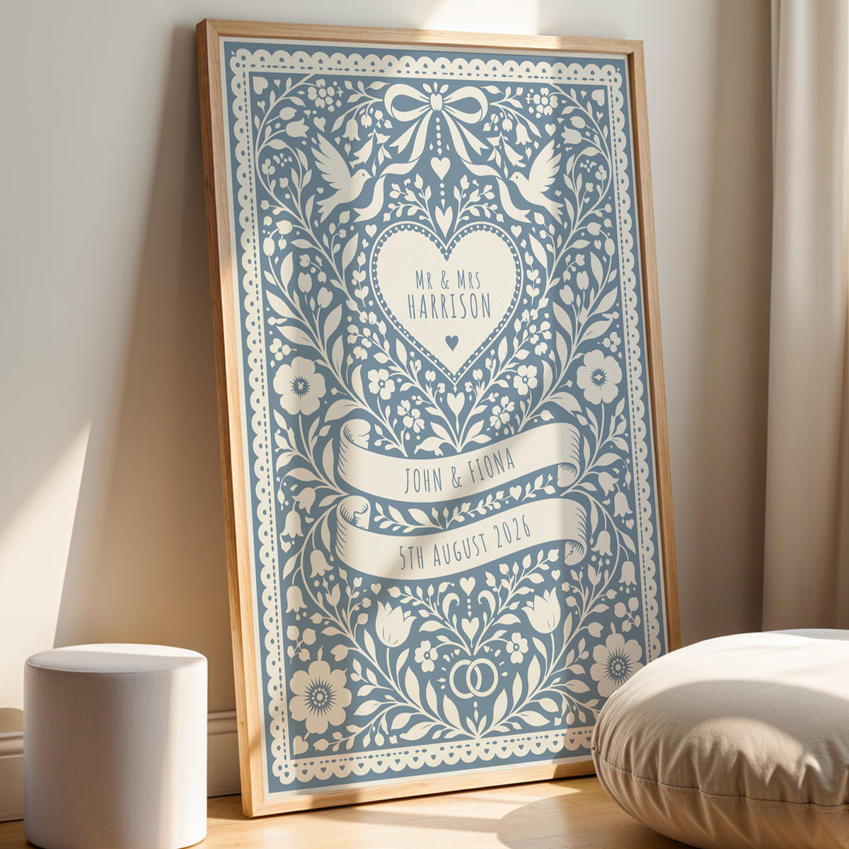 Personalised Folk Art Wedding Print – Custom Couple & Wedding Date Wall Art