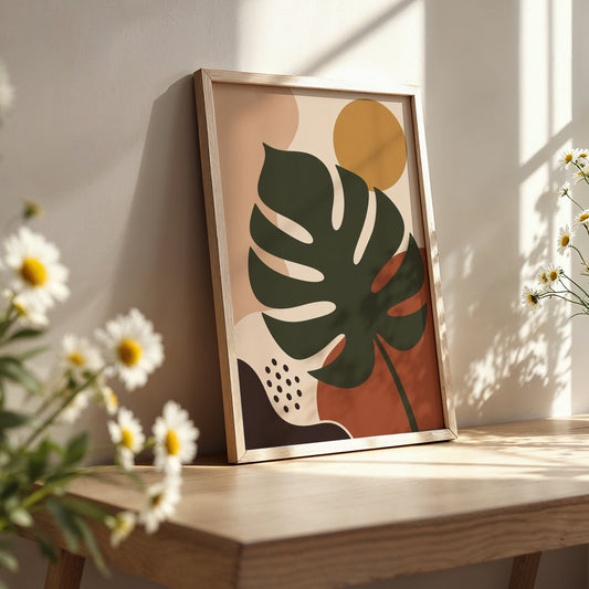 Monstera Leaf Print Mid Century Modern Wall Art Abstract Botanical Poster Boho Neutral Decor Minimalist Art A4 A3 A2 A1