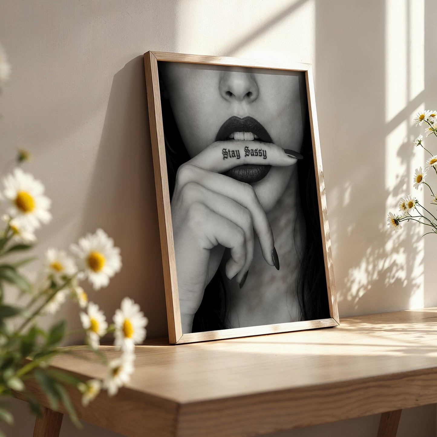 Stay Sassy Black White Wall Art Moody Feminine Poster Fashion Lips Print Edgy Bedroom Decor Modern Glam Artwork
