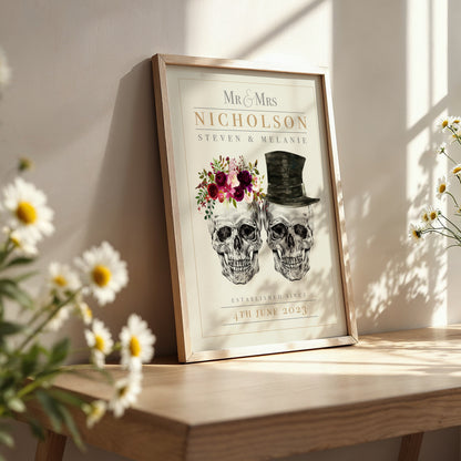 Personalised Skull Couple Wedding Print – Alternative Gothic Wall Art