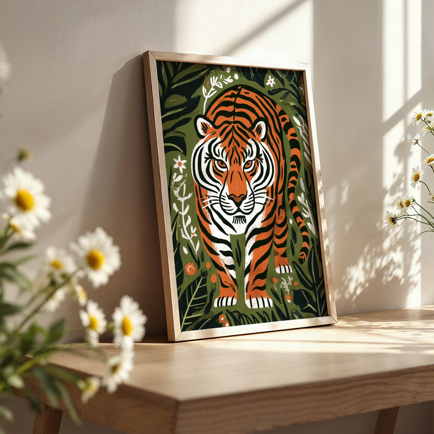 Tiger Wall Art Print, Jungle Animal Poster, Botanical Tiger Art, Folk Art Wildlife Decor, Maximalist Print, A4 A3 A2 A1