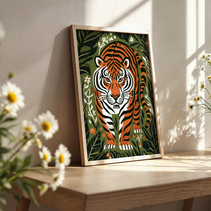 Tiger Wall Art Print, Jungle Animal Poster, Botanical Tiger Art, Folk Art Wildlife Decor, Maximalist Print, A4 A3 A2 A1