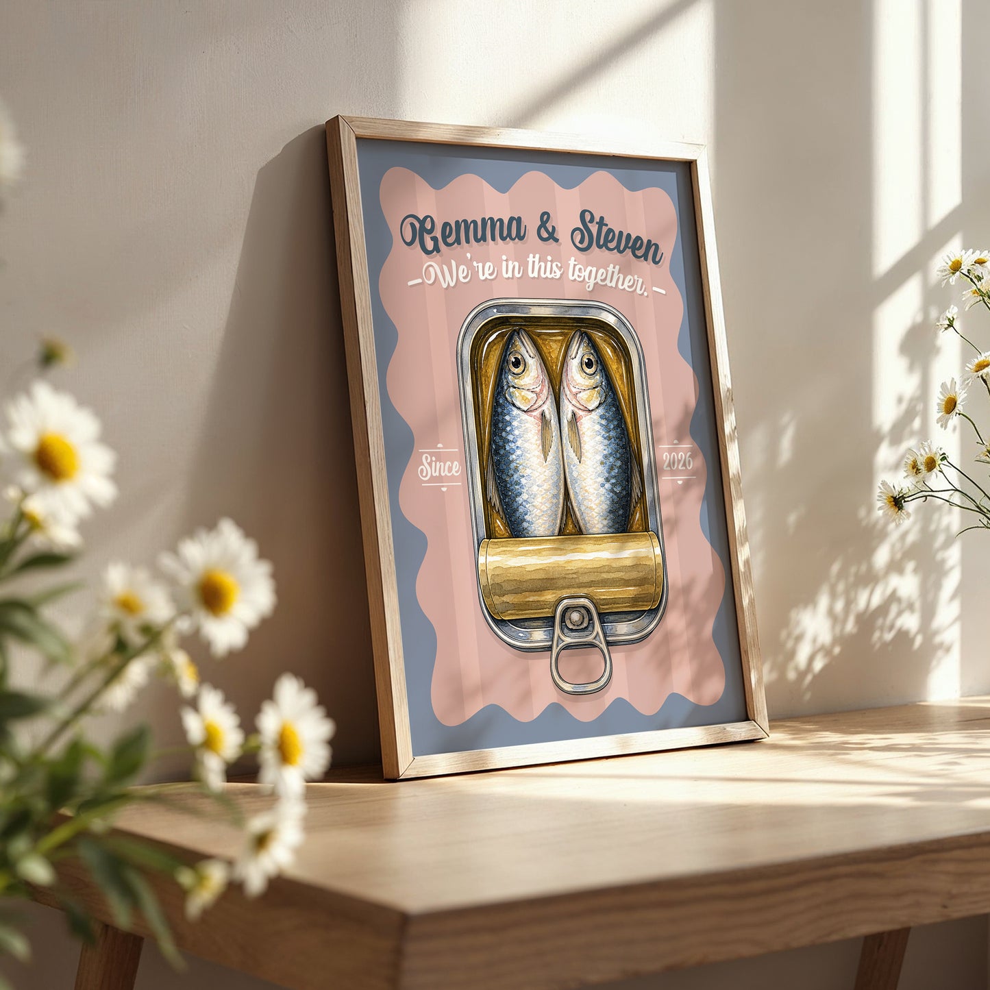Personalised Sardines Couple Print, We're In This Together Wedding Gift, Anniversary Wall Art, Coastal Love Print, A4 A3 A2 A1