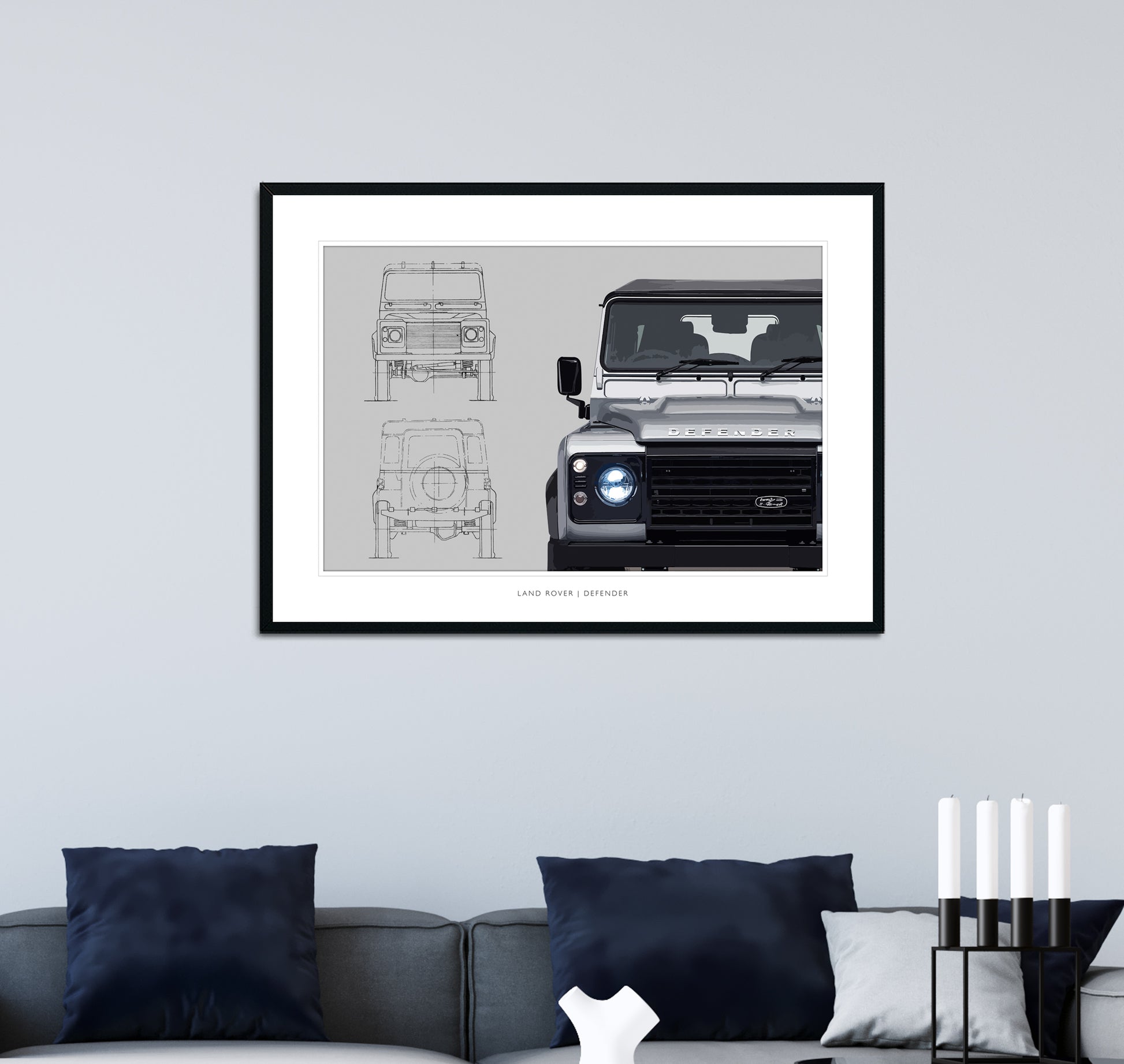 Land Rover Defender Classic Wall Art Poster framed on wall