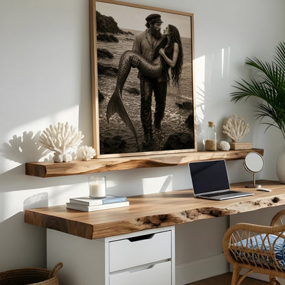 Mermaid Love Print Coastal Wall Art Romantic Ocean Couple Fisherman Mermaid Poster Fantasy Beach Decor Moody Black White Art