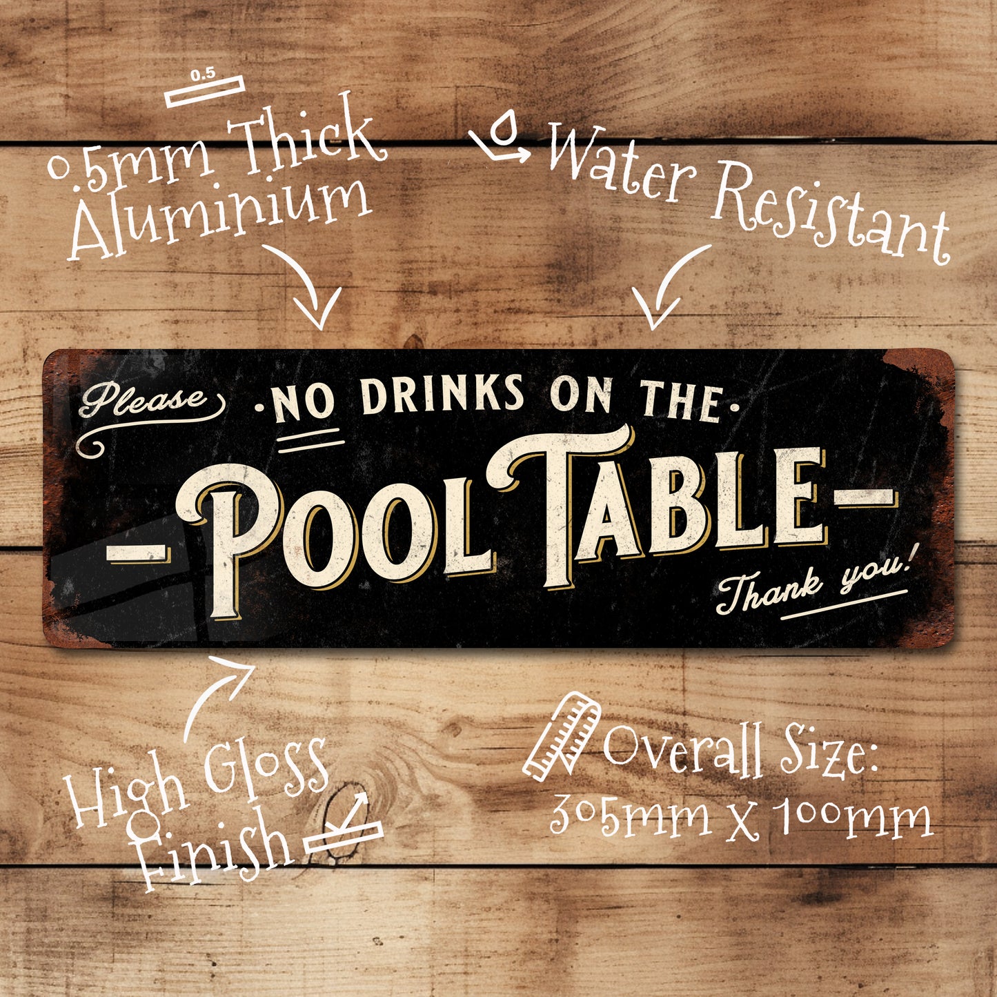 No Drinks on the Pool Table Sign - Vintage Metal Pub, Club Sign 100x305mm