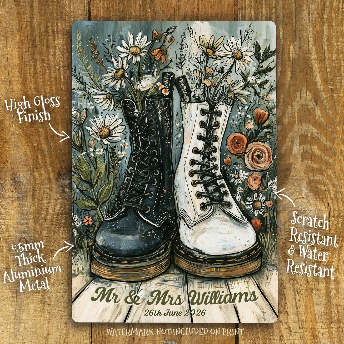 Personalised Wedding Metal Sign – Alternative Couple Wedding Gift, Custom Names & Date Wall Art, Romantic Boots Aluminium Print