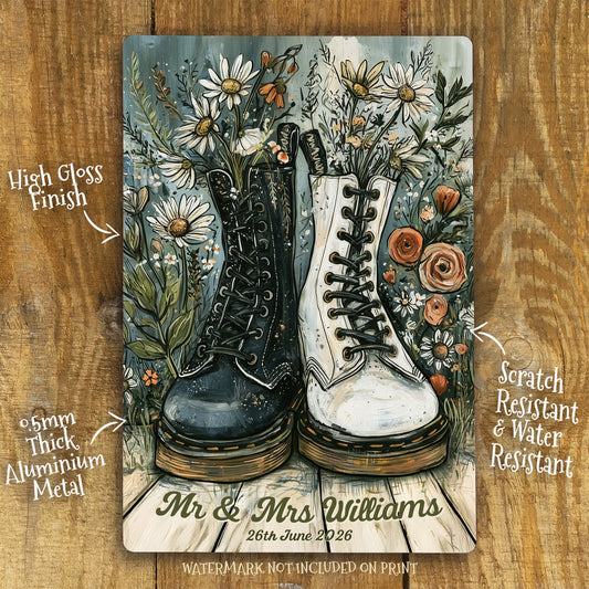 Personalised Wedding Metal Sign – Alternative Couple Wedding Gift, Custom Names & Date Wall Art, Romantic Boots Aluminium Print