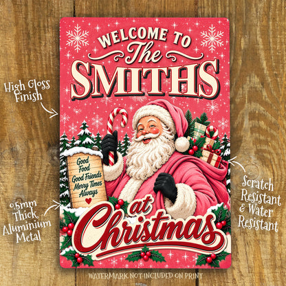 Personalised Christmas Metal Sign – Santa Family Name Sign, Vintage Festive Wall Art, Custom Christmas Aluminium Sign