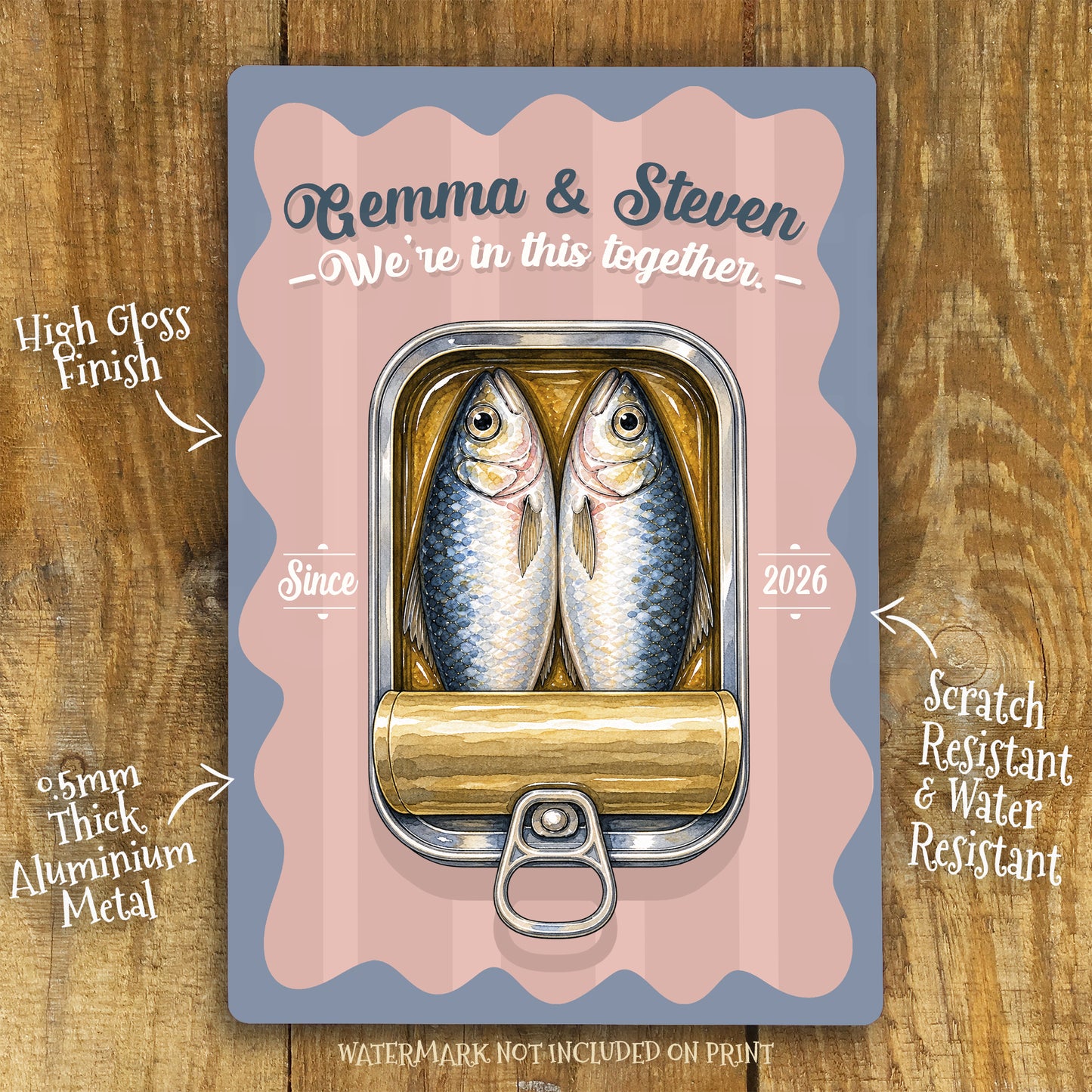 Personalised Couple Sardines Metal Sign – Wedding Anniversary Gift, Romantic Coastal Wall Art, Custom Names Aluminium Love Sign
