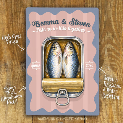 Personalised Couple Sardines Metal Sign – Wedding Anniversary Gift, Romantic Coastal Wall Art, Custom Names Aluminium Love Sign