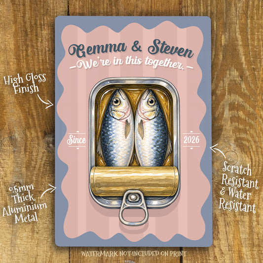 Personalised Couple Sardines Metal Sign – Wedding Anniversary Gift, Romantic Coastal Wall Art, Custom Names Aluminium Love Sign