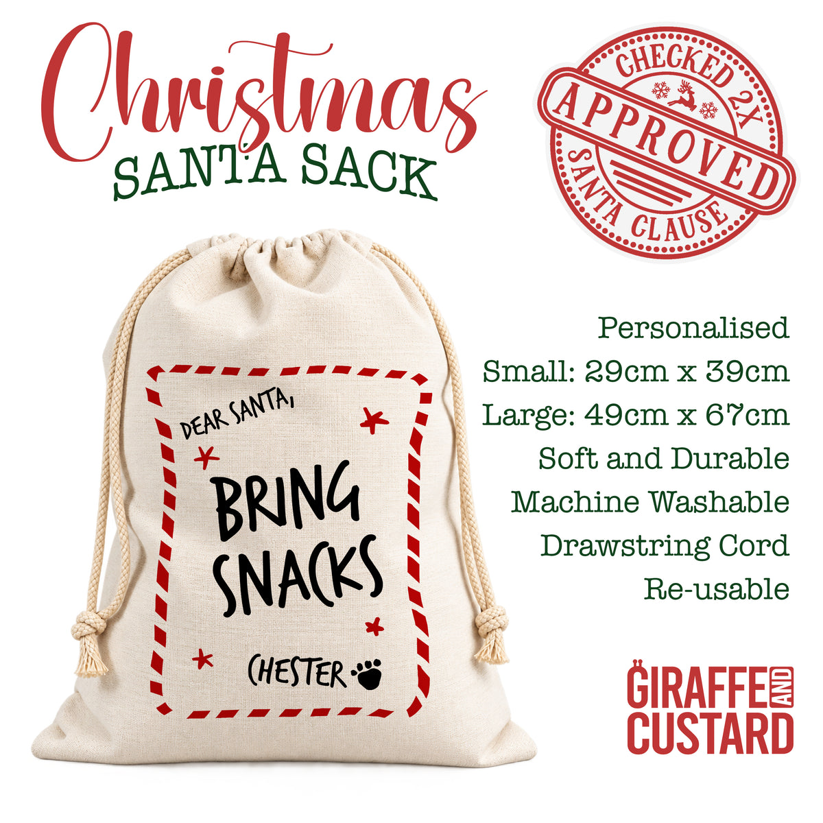 Personalised Dog Christmas Santa Sack – Bring Snacks