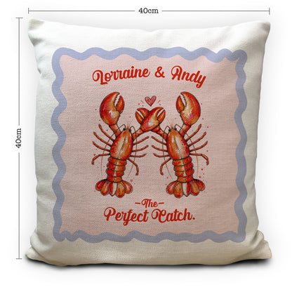 Personalised Lobster Cushion Cover, Couples Gift, Perfect Catch Pillow, Anniversary Wedding Gift, Custom Names, Coastal Home Decor