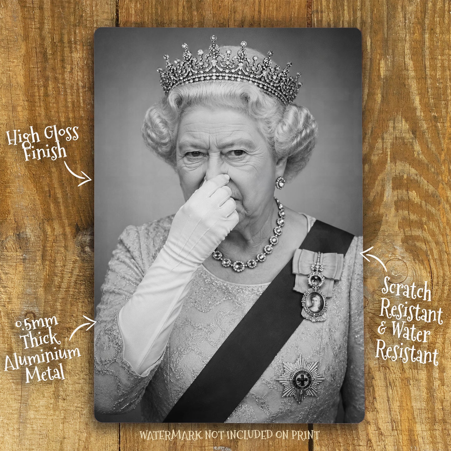 Funny Queen Metal Sign Toilet WC Wall Art – Cheeky Royal Portrait Print on Aluminium, Waterproof Gloss Finish, Unique Humour Decor Gift