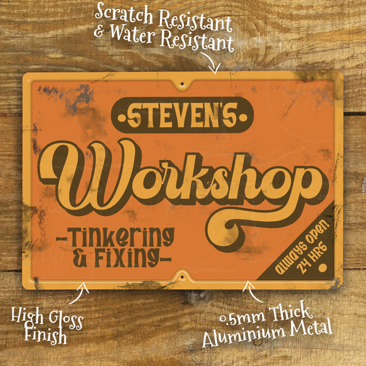 Personalised 1960s Workshop Vintage Garage Shed Metal Door Wall Sign 200x305mm
