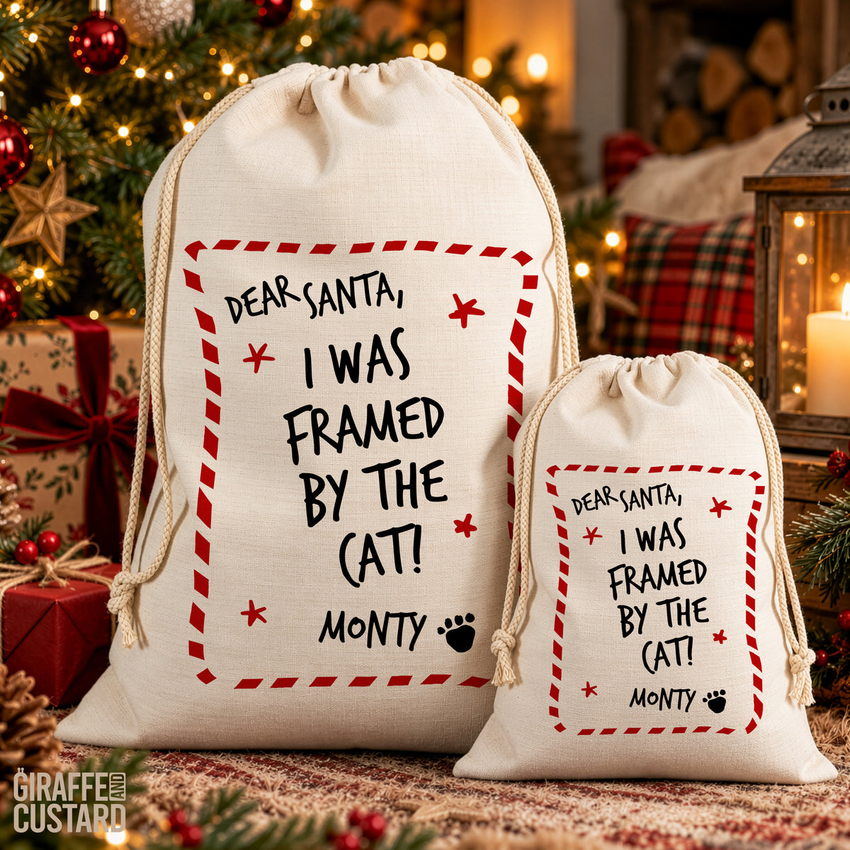 Personalised Dog Christmas Santa Sack – I Was Framed by the Cat