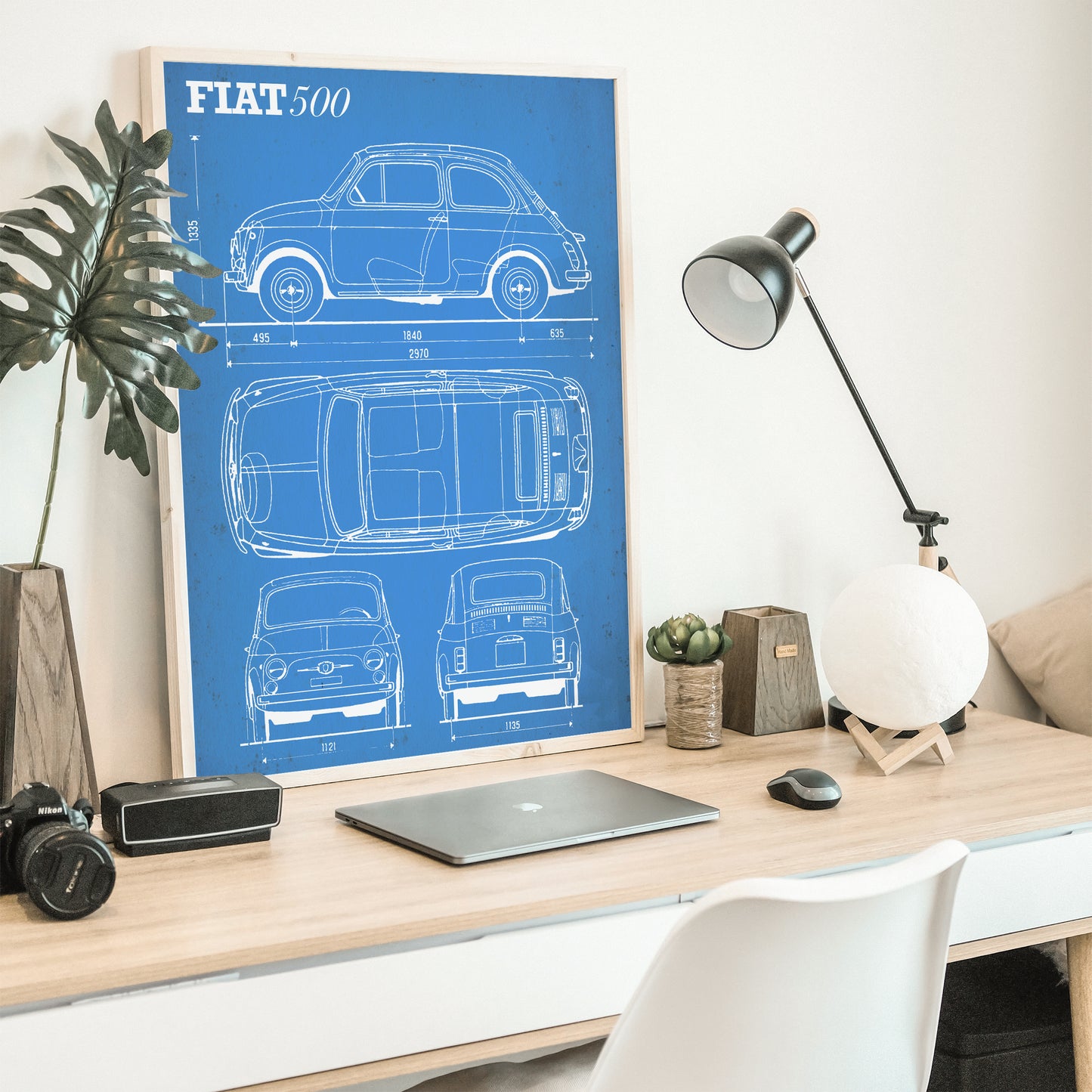 Fiat 500 Classic Vintage Blueprint Poster wall Art framed on desk