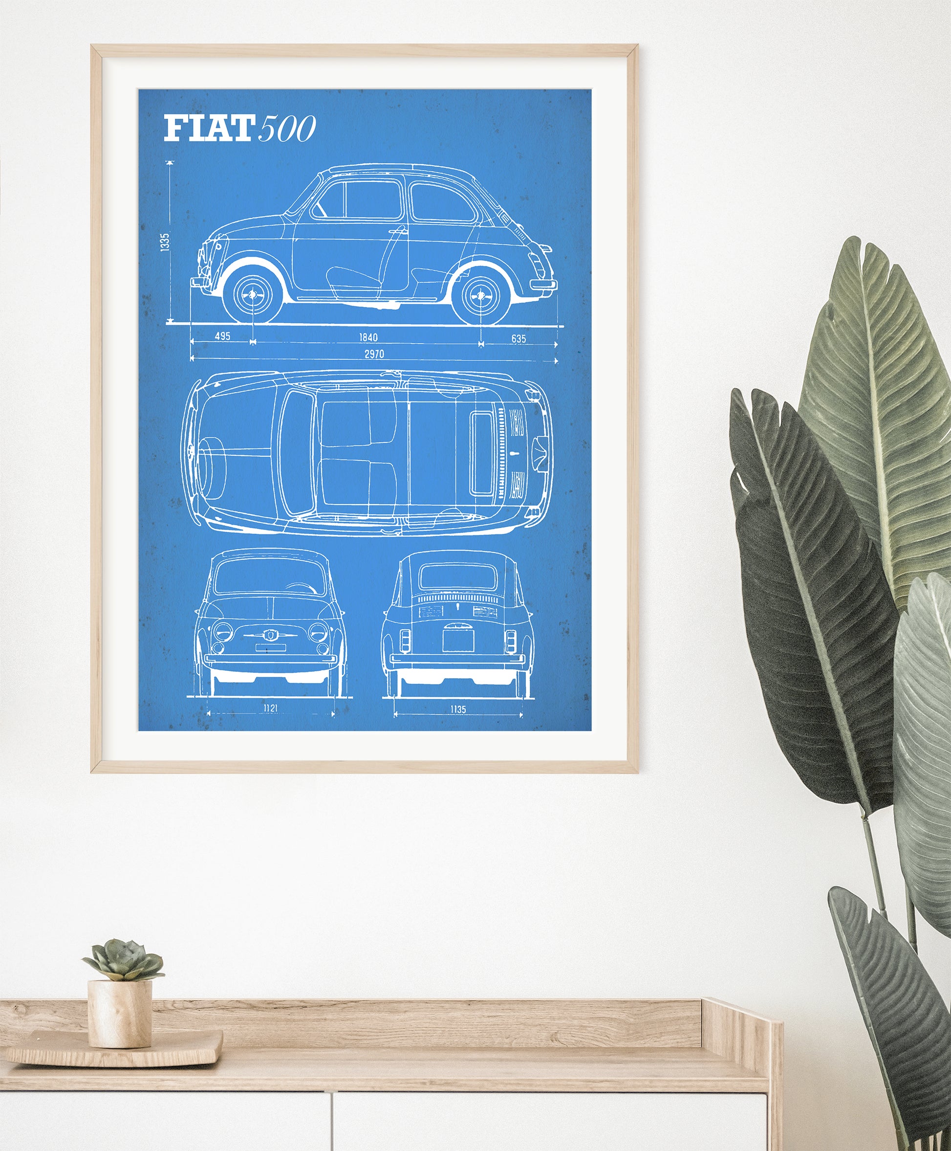 Fiat 500 Classic Vintage Blueprint Poster wall Art framed on wall