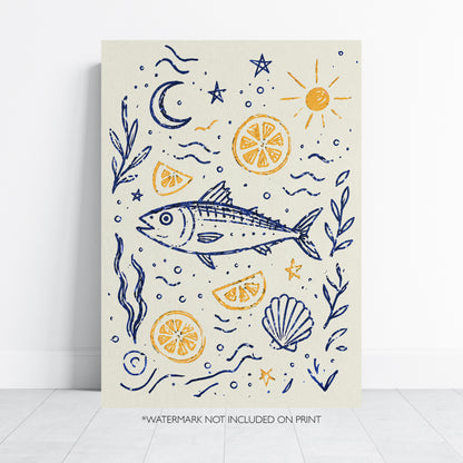 Mediterranean Fish Print Coastal Kitchen Wall Art Nautical Poster Lemon Seafood Illustration Beach House Decor Blue Yellow A4 A3 A2 A1
