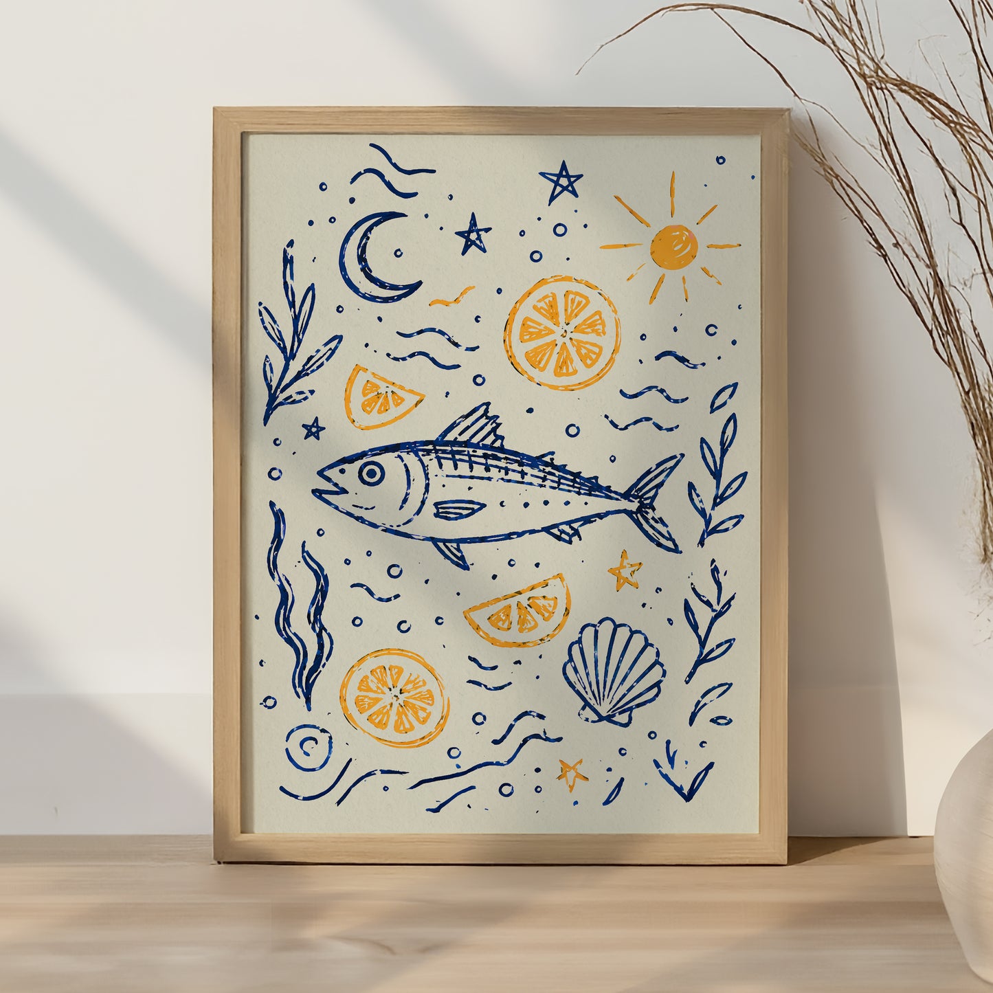 Mediterranean Fish Print Coastal Kitchen Wall Art Nautical Poster Lemon Seafood Illustration Beach House Decor Blue Yellow A4 A3 A2 A1
